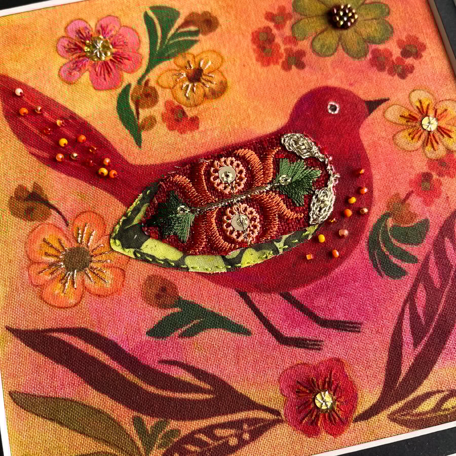 Textile picture, folk bird and flowers, fabric art, gift for bird lover