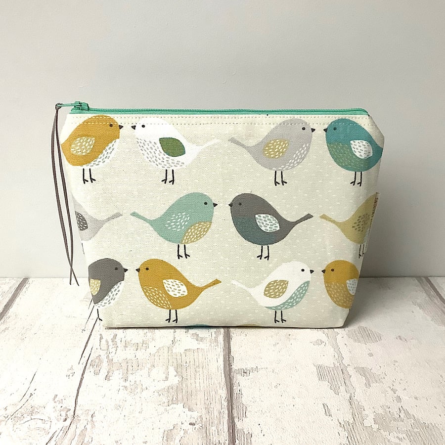 Cosmetic Bag - Teal and Mustard Birds - Make Up Bag
