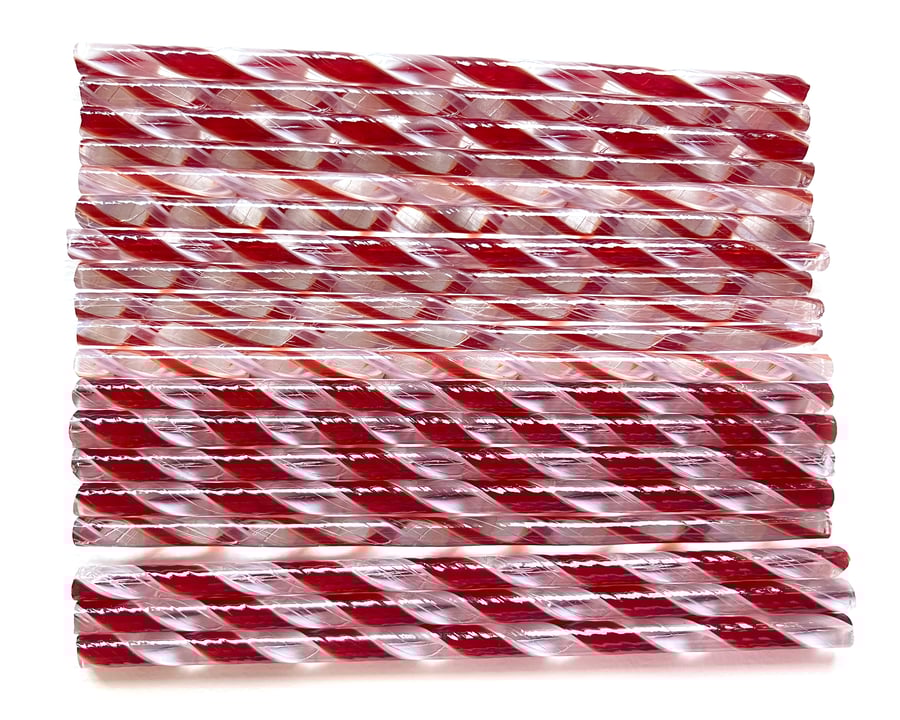 Twisted cane 12cm Red and White lacy Bullseye 90 coe glass Vitrigraph twisties