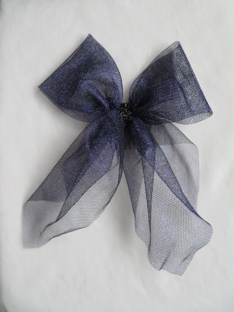 Dark Purple & Black Shimmer Tulle Net Gothic Hair Bow 