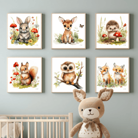 Watercolour Nursery Prints 'Cute Woodland Animals' - Rabbit, Owl, Squirrel, Fox