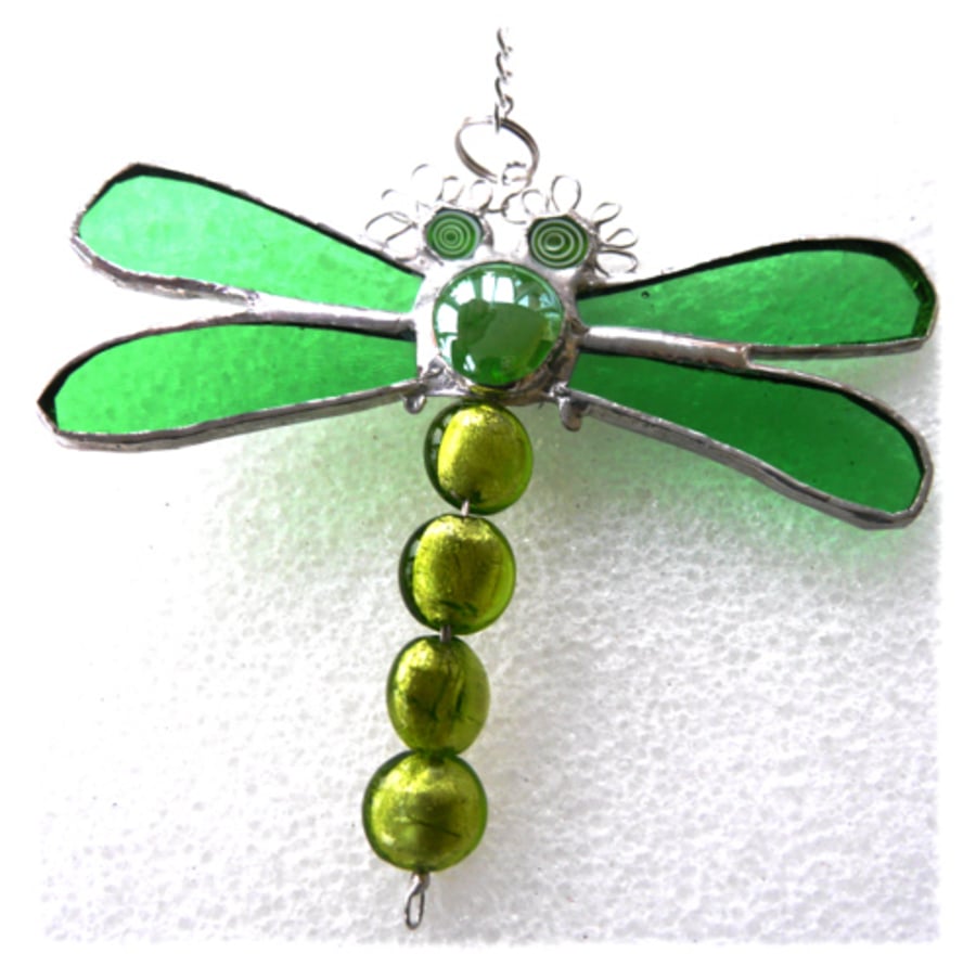 Dragonfly Suncatcher Stained Glass Green Bead-Tailed 044