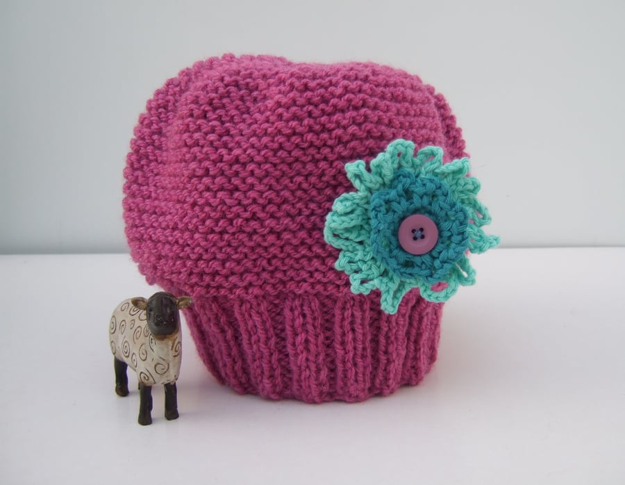 Pink Hat with Aquamarine Crocheted Flower