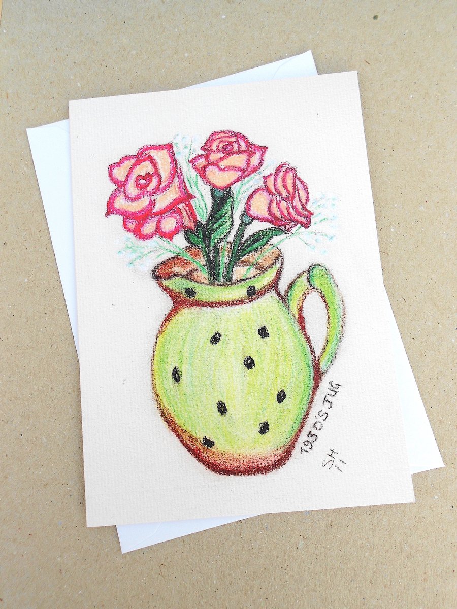 June Birthday Roses A Pretty 1930's Jug Pastel Print Card.