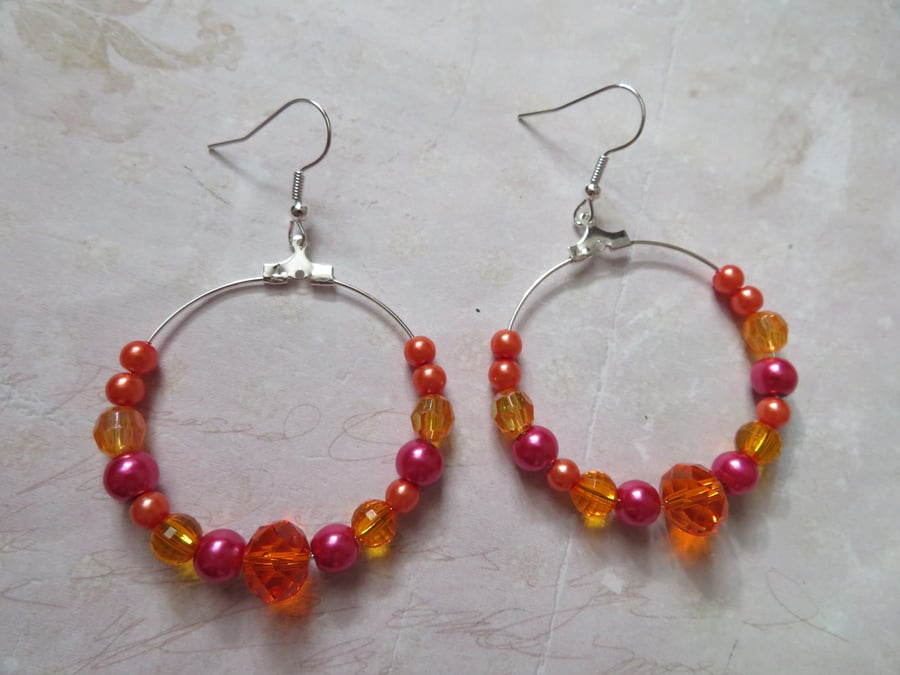 Orange Pink & Silver Beaded Retro Hoop Earrings