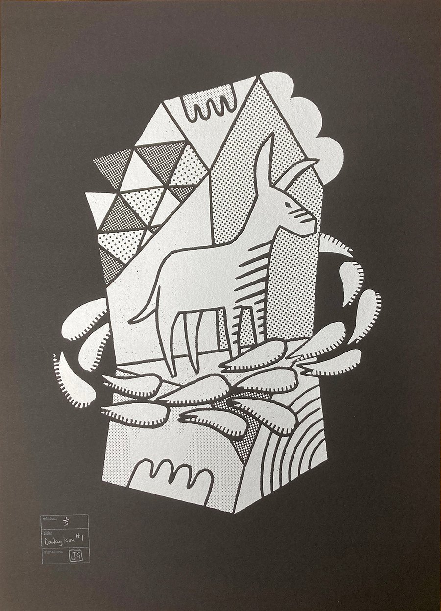 Donkey Icon No.1 A2 linocut screen-print (silver ink on black paper)