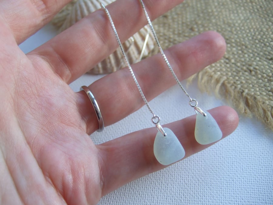 Sea glass threader earrings, opalescent beach glass earrings, sterling silver