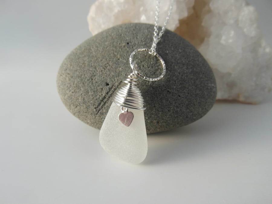 White Cornish Sea Glass Necklace, Heart Charm, Sterling Silver N533