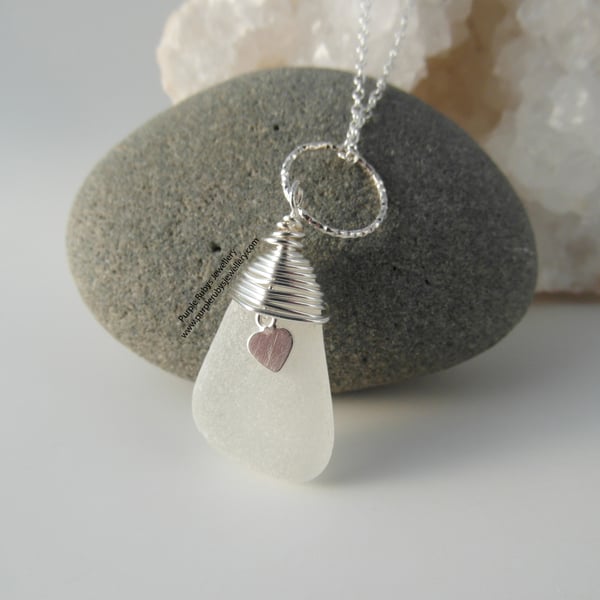 White Cornish Sea Glass Necklace, Heart Charm, Sterling Silver N533