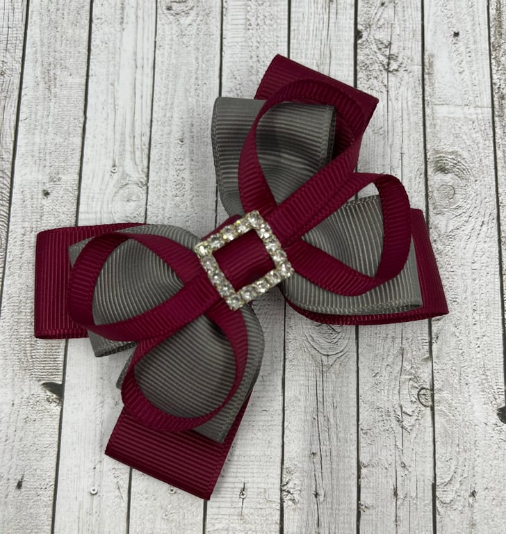 School Wine and Grey Layer Bow with Wine Loops on Clip