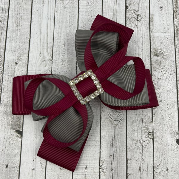 School Wine and Grey Layer Bow with Wine Loops on Clip