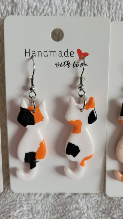 Handmade Polymer Clay White Ginger Black Cat Earrings, 316 Stainless Steel