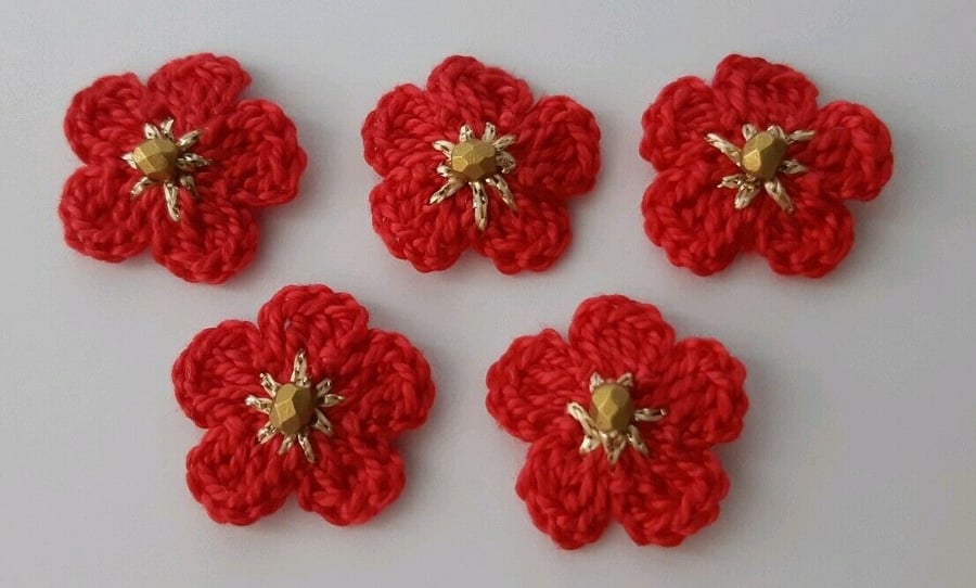 5 Tiny Red & Gold Crochet Flowers- Appliques- Embellishments- Crafts