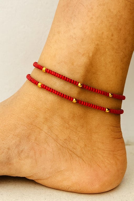 Red and gold beaded anklets - 2x minimalist anklets - perfect summer jewellery