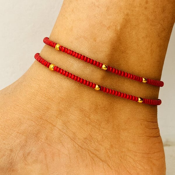 Red and gold beaded anklets - 2x minimalist anklets - perfect summer jewellery
