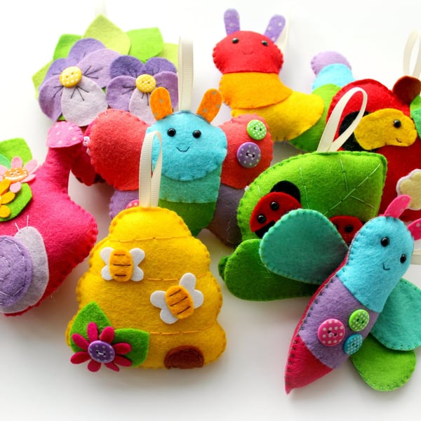 Make Your Own felt Mini Beast Garden Garland Kit. Sewing pattern. Sew Your Own