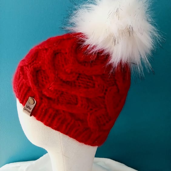Hand Knit Hat in luxury Merino Wool. With removable faux fur pom. S-M adult size