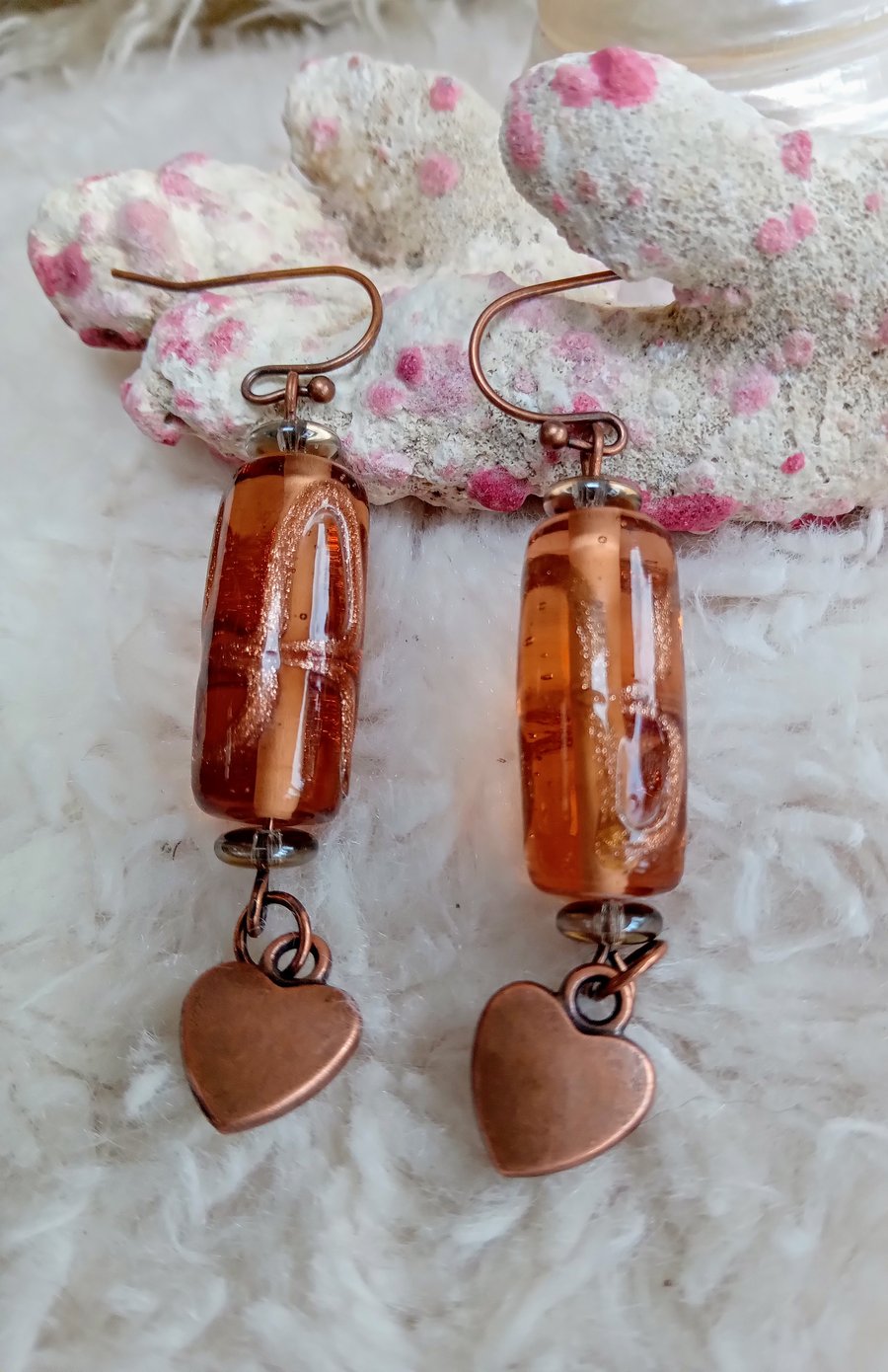 Handmade Lampwork beads with copper HEART charm on copper findings EARRINGS