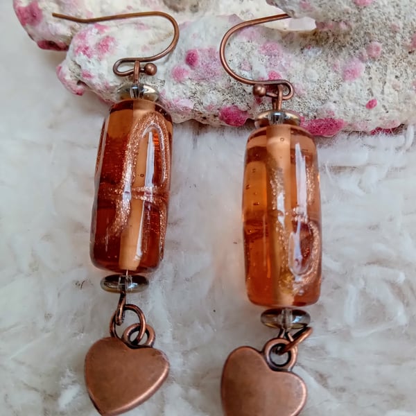 Handmade Lampwork beads with copper HEART charm on copper findings EARRINGS