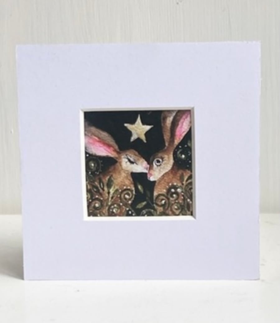 Mounted ACEO Whimsical Kissing Hares Rabbits under a Star Watercolour Edition