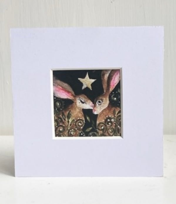 Mounted ACEO Whimsical Kissing Hares Rabbits under a Star Watercolour Edition