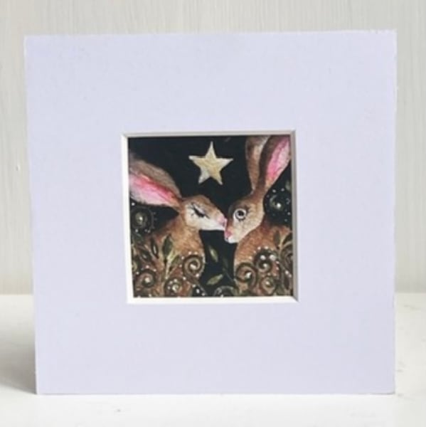 Mounted ACEO Whimsical Kissing Hares Rabbits under a Star Watercolour Edition