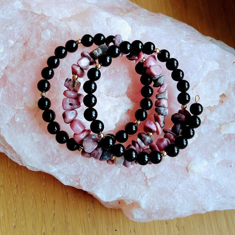 Black Agate & Pink Rhodonite Wrap Bracelet, Multi Strand Gemstone Bracelet, Gems