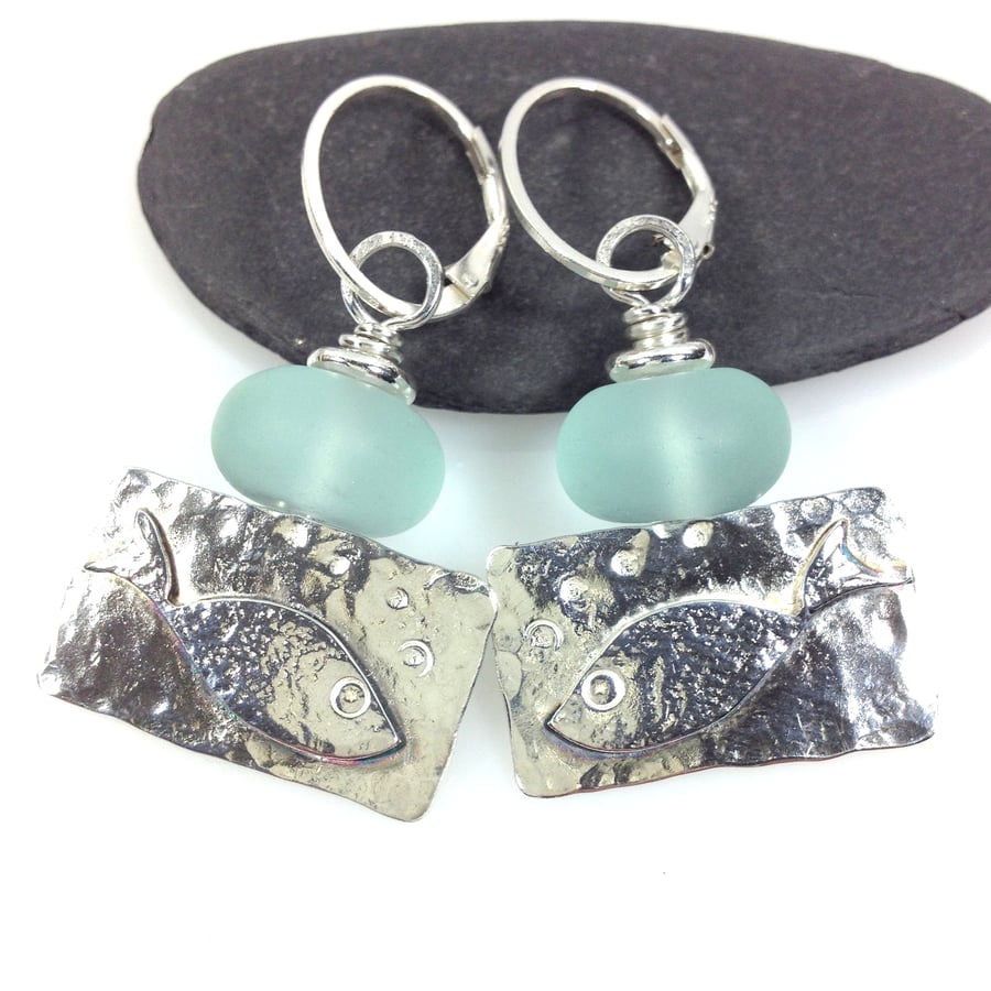 Silver fish earrings with aqua sea glass 