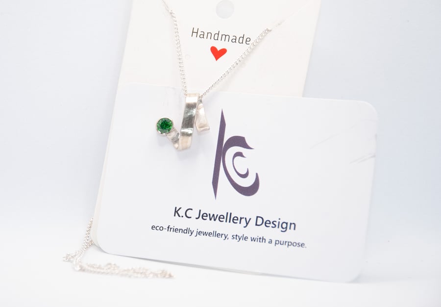 Handmade Eco Silver Twist pendant Green Cubic Zirconia 