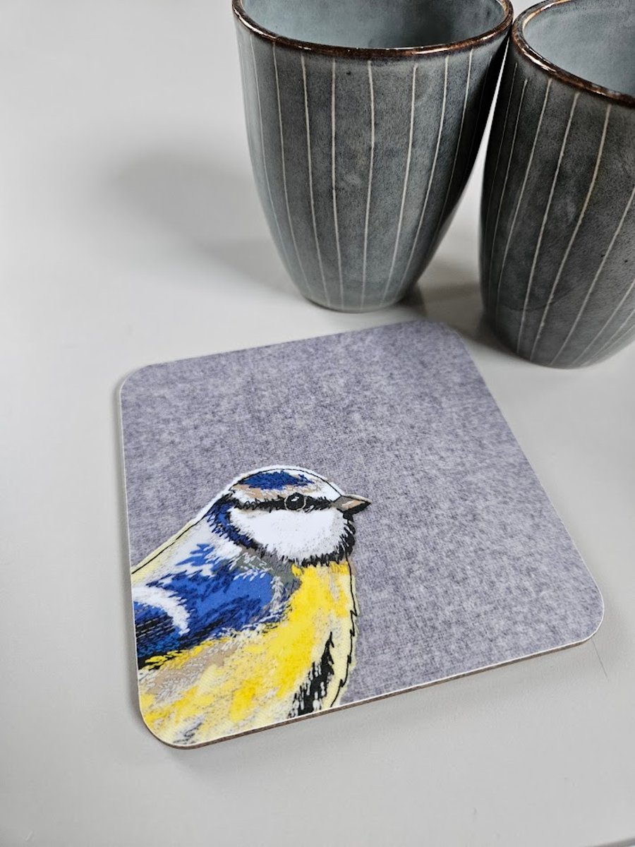 'Peeking' Blue-tit coaster, garden bird mat