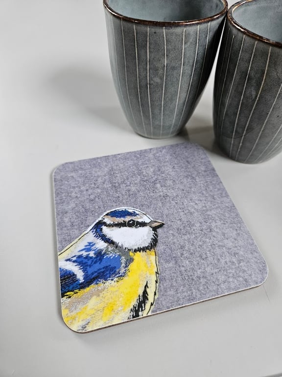 'Peeking' Blue-tit coaster, garden bird mat