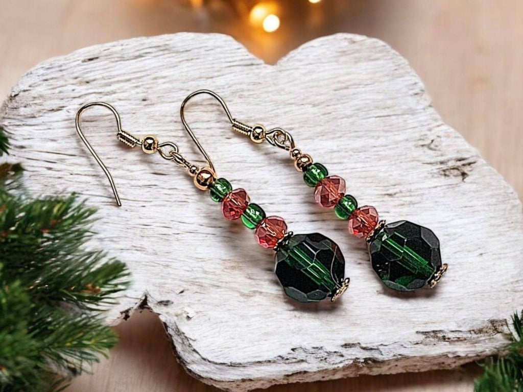 Green glass beaded earrings, sparkling earrings, Christmassy earrings