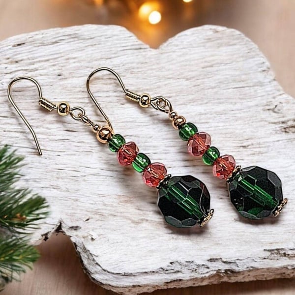 Green glass beaded earrings, sparkling earrings, Christmassy earrings