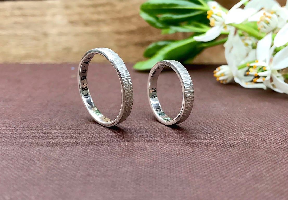 Handmade Personalised Silver Tree Bark Wedding Rings