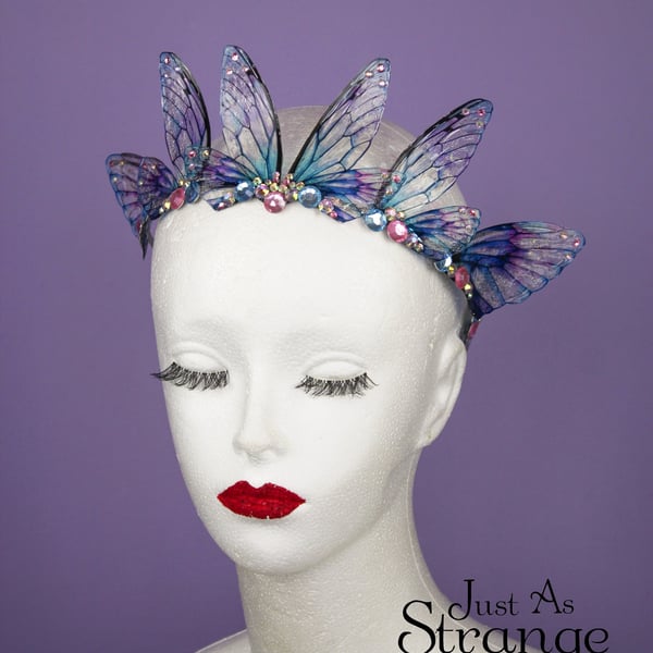 MADE TO ORDER - Stunning Forget-Me-Not Blue and Pink Fairy Wing Tiara Crown Boho