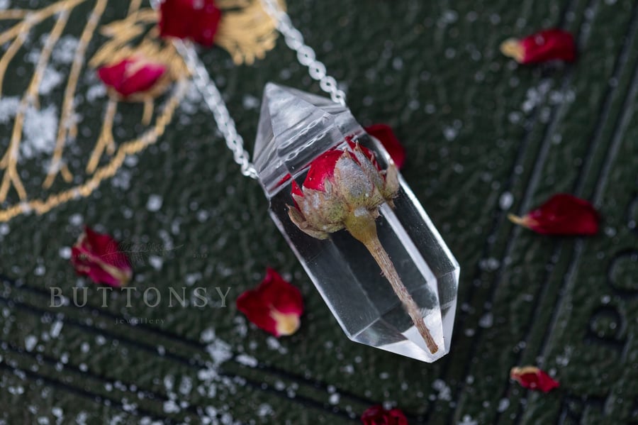Rose Necklace "Raw Crystal" Pressed Flower Jewelry Gifts For Her Red Roses Roseb