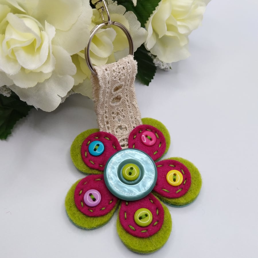 Felt Flower Keyring - Green and Cerise Keyring embellished with Buttons