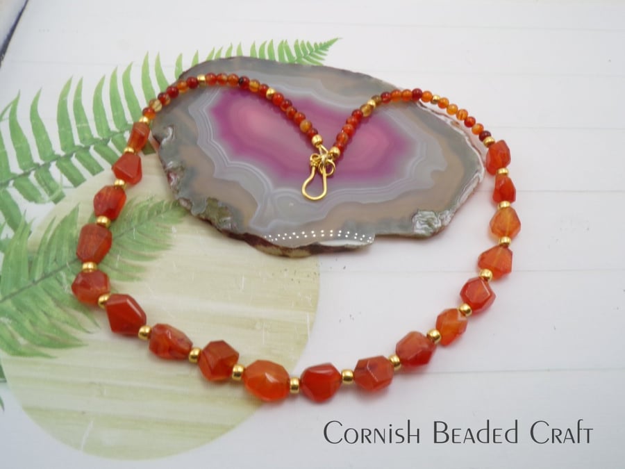 Charming Carnelian Bead & Nugget Necklace -14K Gold S Hook Clasp - FREE UK P&P