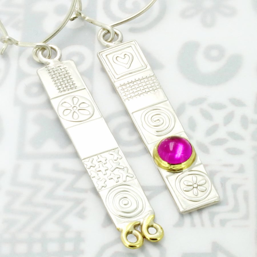 Handmade long silver earrings, asymmetrical, pink corundum, choice of gemstones