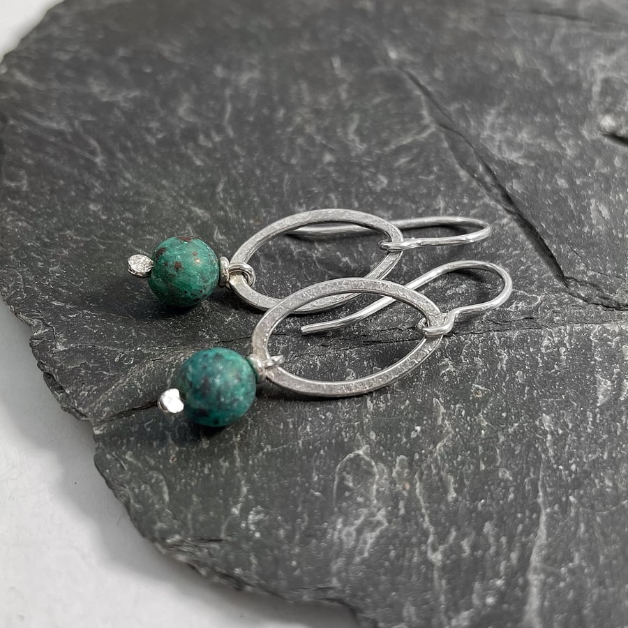 Sterling silver oval drop earrings with cupric chrysocolla 