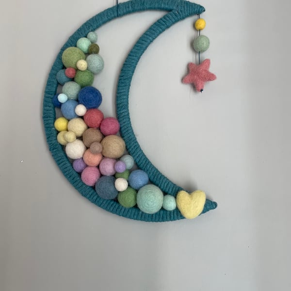 Beautiful half moon felt ball filled nursery wall hanging, new baby gift, 