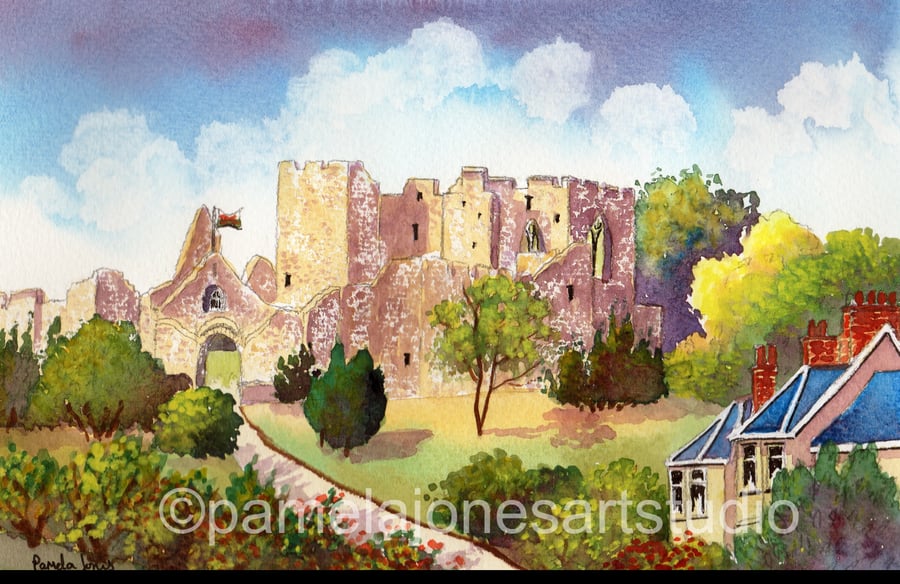 Oystermouth Castle, Mumbles, South Wales, Watercolour Print, in 8 x 6'' Mount