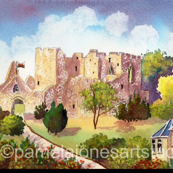 Oystermouth Castle, Mumbles, South Wales, Watercolour Print, in 8 x 6'' Mount