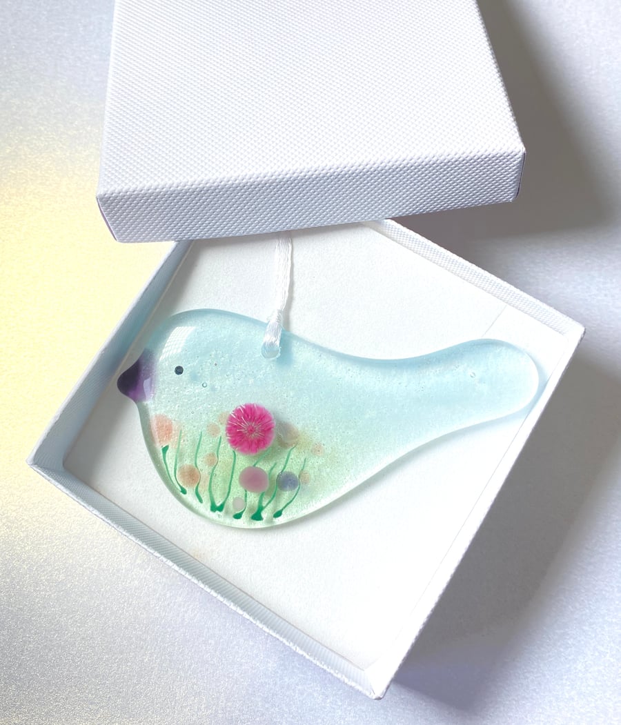 Pretty floral fused glass bird in gift box 