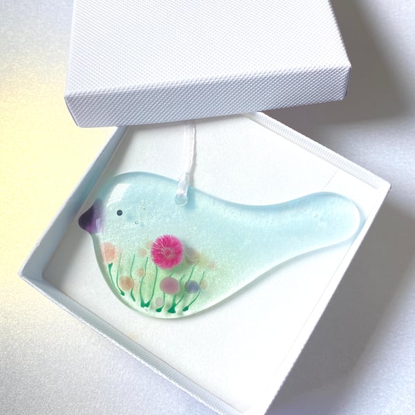 Pretty floral fused glass bird in gift box 