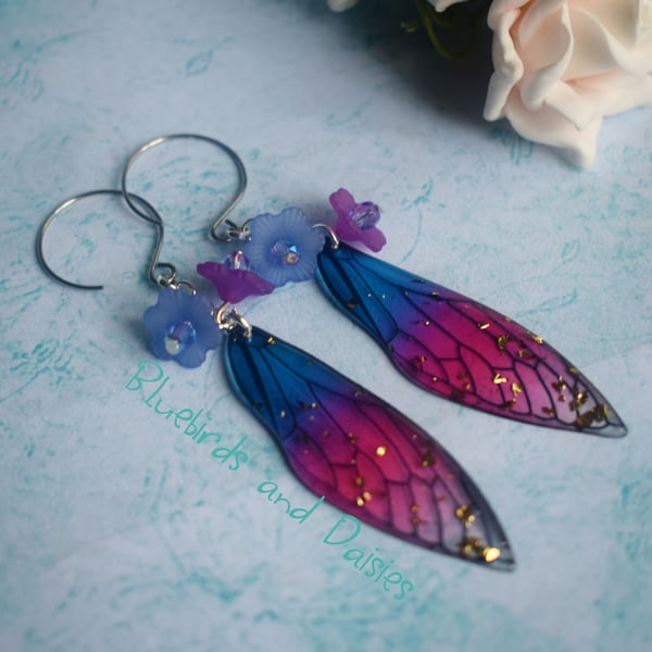 Pink and Blue Fairy Wing Earrings, Whimsical Fairycore Jewellery