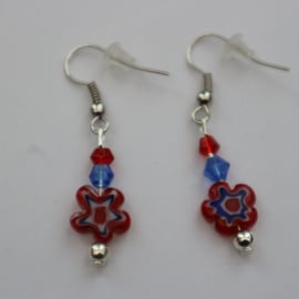 Silver plated beaded earrings- red and blue millefiori flower