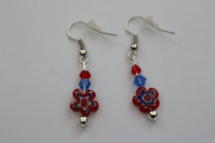Silver plated beaded earrings- red and blue millefiori flower