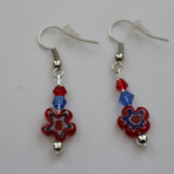 Silver plated beaded earrings- red and blue millefiori flower