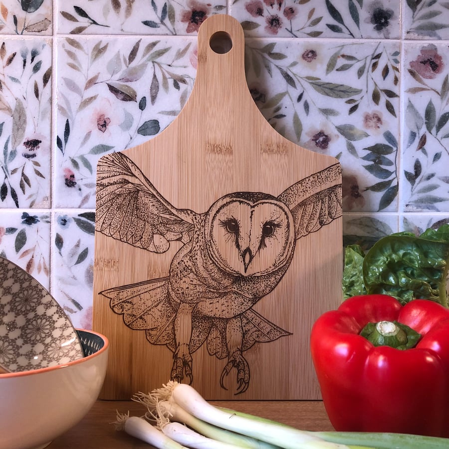 Bamboo wooden barn owl chopping board laser engraved with original artwork